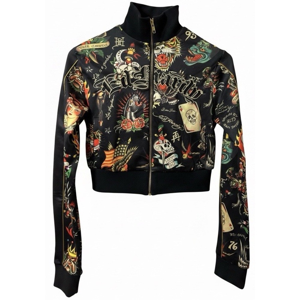 NWOT ED HARDY Y2K inspired Shrunken Flashboard Tattoo Black Track Jacket Size XS